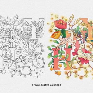 Puede incluir: Una p&aacute;gina para colorear con la palabra "HOLIDAY" en letras estilizadas, rodeada de dise&ntilde;os florales, estrellas y ciervos. Las letras est&aacute;n delineadas en negro y listas para ser coloreadas.