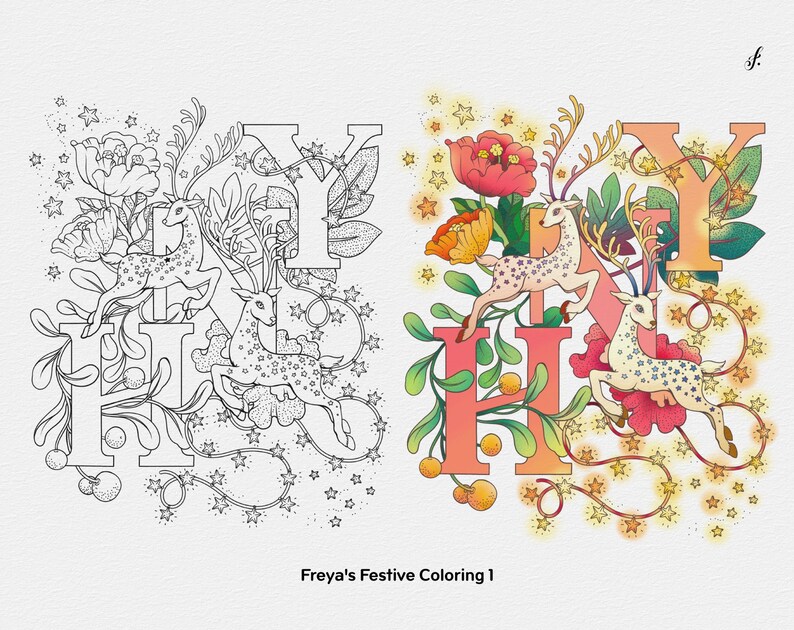 Puede incluir: Una p&aacute;gina para colorear con la palabra "HOLIDAY" en letras estilizadas, rodeada de dise&ntilde;os florales, estrellas y ciervos. Las letras est&aacute;n delineadas en negro y listas para ser coloreadas.