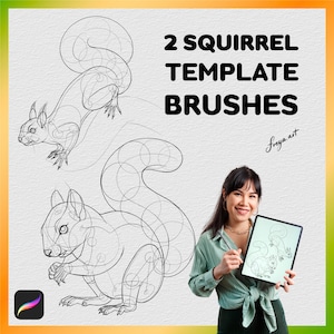 May include: Two line art squirrel templates for digital art. The templates are made up of circles and lines. A person is holding a tablet showing a digital drawing of the squirrel templates.