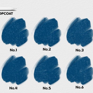 May include: Six swatches of blue paint labeled with numbers 1 through 6. The swatches are labeled "Topcoat" and are on a white background.