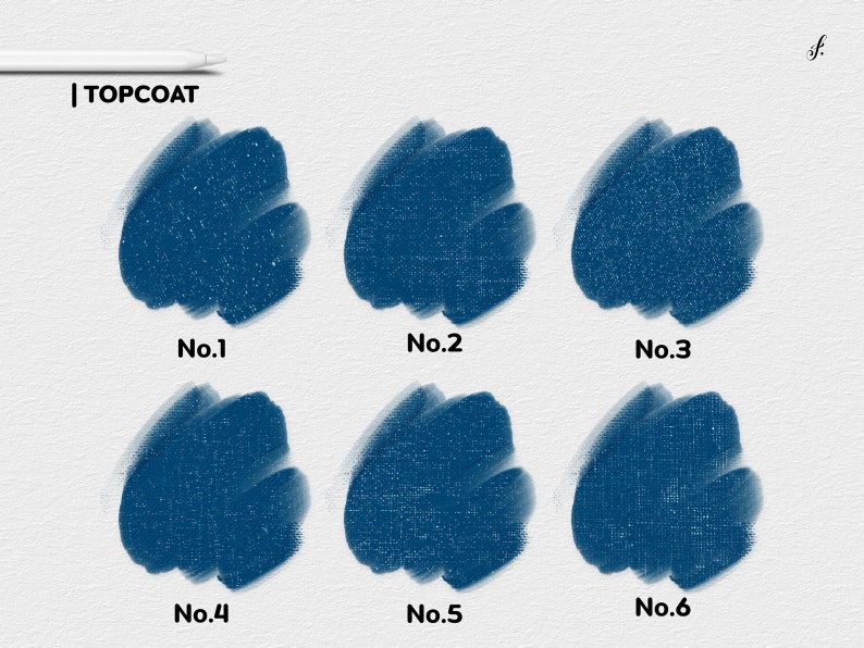 May include: Six swatches of blue paint labeled with numbers 1 through 6. The swatches are labeled "Topcoat" and are on a white background.