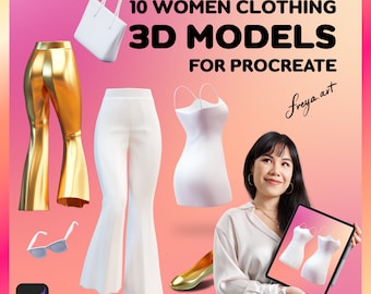 Vêtements et accessoires Procreate pour femmes, modèle 3D, Lot de 10 maquettes de vêtements et accessoires pour femmes Procreate pour femmes