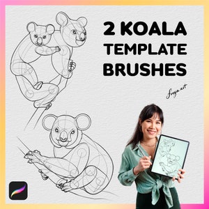 Pode incluir: Dois modelos de coala de arte linear para desenho digital. Os modelos são mostrados em um fundo branco com uma mulher segurando um tablet que mostra um desenho de coala. O texto "2 KOALA TEMPLATE BRUSHES" está na parte superior da imagem.