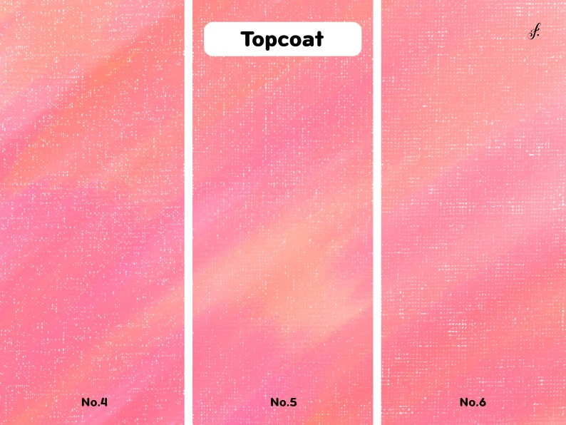 May include: Three swatches of pink fabric with a subtle textured pattern. The swatches are labeled "No. 4", "No. 5", and "No. 6". The middle swatch has a gradient of pink and orange colors. The text "Topcoat" is written in a white box above the swatches.