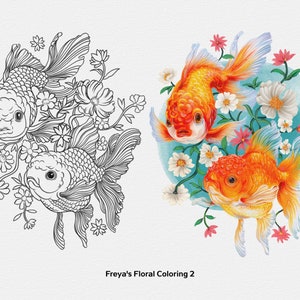 May include: A coloring page featuring two goldfish swimming among delicate flowers. The image is in black and white, with the text "Freyas Floral Coloring 2" at the bottom.