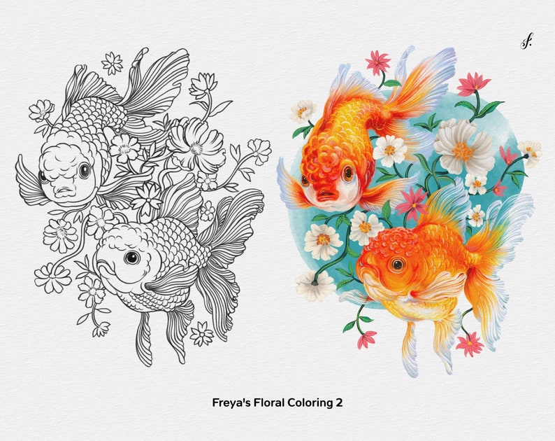 May include: A coloring page featuring two goldfish swimming among delicate flowers. The image is in black and white, with the text "Freyas Floral Coloring 2" at the bottom.