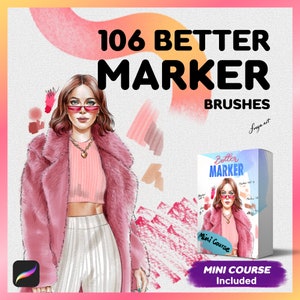 Könnte beinhalten: 106 Better Marker Pinsel mit einem Minikurs inklusive. Das Bild zeigt eine Frau, die einen rosa Pelzmantel und ein rosa Hemd mit weißen Streifen trägt. Das Bild zeigt auch eine Schachtel mit dem Text "Better Marker" und "Mini Course".