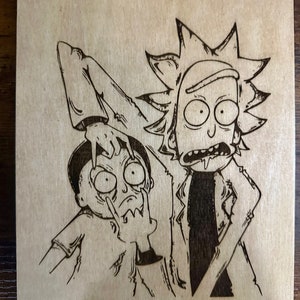 Laser-Burned Rick and Morty Wall Art - Sci-Fi Fan Decor - Unique Gift for Cartoon Enthusiasts