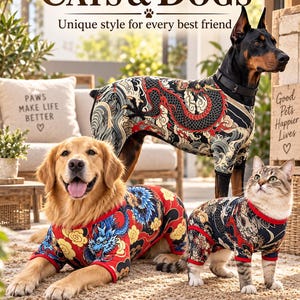 May include: A Doberman, a Golden Retriever, and a tabby cat wearing matching pet shirts with intricate dragon and wave patterns. The text CATS & DOGS and Unique style for every best friend is displayed at the top of the image above the animals.