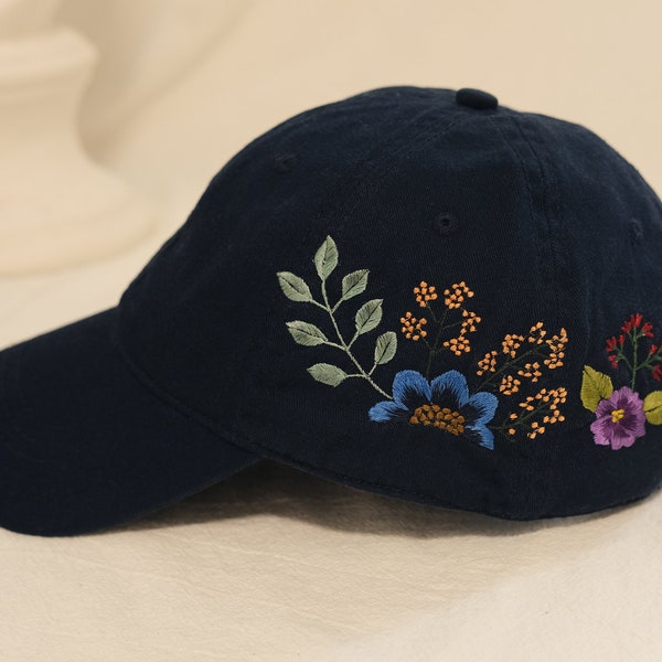 Beautifully Hand Embroidered Baseball Cap In Navy,Embroidered Flowers Baseball Cap,100% Cotton Comfortable Adjustable Size