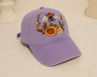 Hand Embroidered Sunflower Bee Baseball Cap - Vintage Style