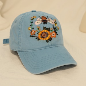 Embroidered bee garden baseball cap--Design from nature,Various colors available,Baseball cap for women,Baseball cap gift for her,Blue caps