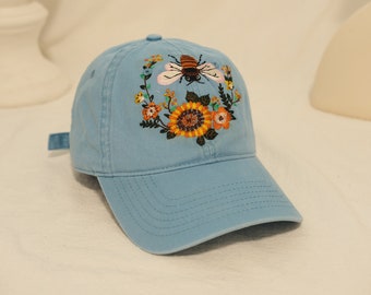 Gorra de béisbol con abeja bordada: diseño floral de jardín, de algodón