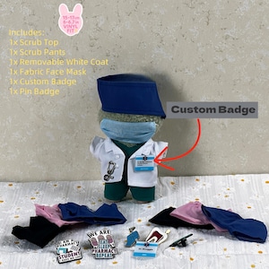 Custom Doctor Nurse Doll Scrubs Outfit Set, 17cm Plush Vinyl Doll Medical Uniform with Name Badge Mask Hat