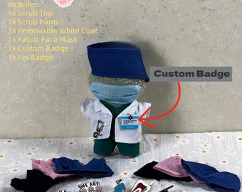 Custom Doctor Nurse Doll Scrubs Outfit Set, 17cm Plush Vinyl Doll Medical Uniform with Name Badge Mask Hat
