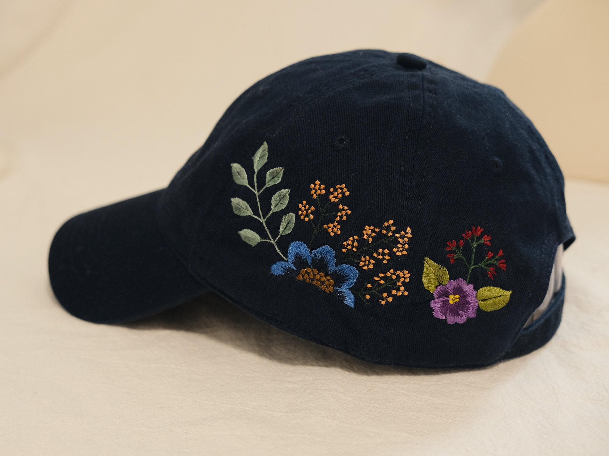 Handed Caps Hand Embroidered Floral Baseball Cap: Navy Cotton, Adjustable Size - Etsy