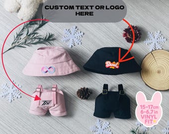 Mini Bucket Hat & Overalls Set for 15–17cm Vinyl Dolls | Add Custom Text or Simple Graphic | Handmade Doll Clothes