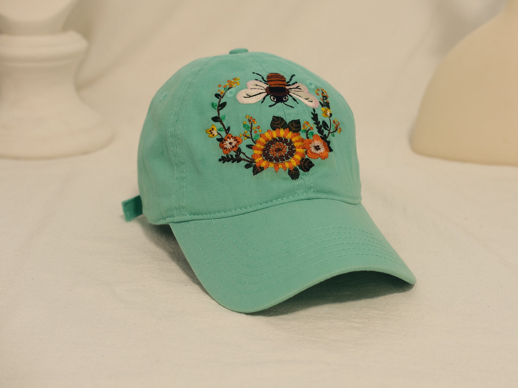 Embroidered Bee Baseball Cap: Floral Garden Design, Cotton Hat - Etsy
