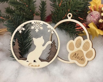 Personalized cat pendants with names made of wood for the Christmas tree as Christmas decoration