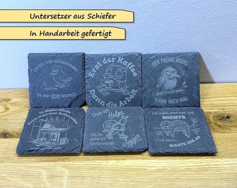 Coasters made of fine slate or sustainable cork with funny, cheeky sayings and pictures