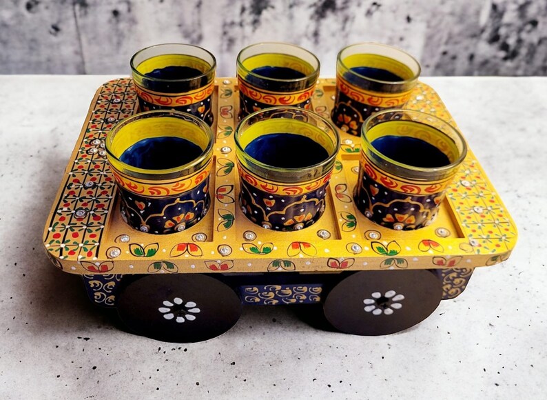 Unique, Antique Cutting Chai Kettle & Tea Set on Cart 6 Glasses Kettle