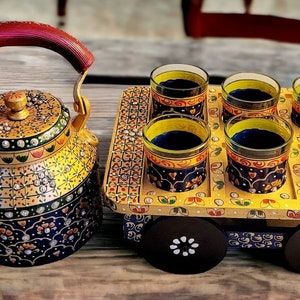 Kettle & Tea Set on Cart, Unique cutting Chai(6 Glasses + Kettle) set, Antique style hand painted, functional Tea set with Insulated Handle.