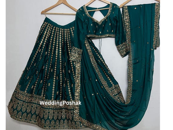 Teal Green Silk Lehenga Choli: Sequin Embroidery Indian Wedding Wear