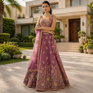 Peut inclure: Robe de cérémonie mauve sans manches avec broderies florales détaillées. La robe comprend un châle transparent assorti et est accessoirisée d'un collier et de boucles d'oreilles en perles. Idéale pour les occasions spéciales.