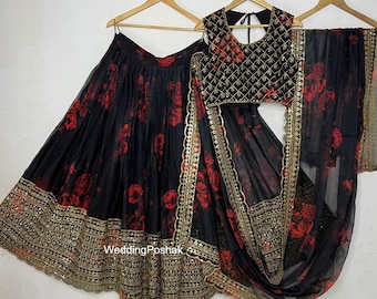 Black Floral Lehenga Choli: Zari Sequins Organza Indian Wedding Wear