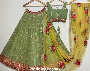 Green Zari Embroidered Lehenga Choli: Georgette Indian Wedding Wear