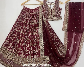 Maroon lehenga choli for women | indian wedding wear lehenga choli | Floral Printed banarasi silk lehenga choli | function wear lehengas