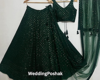 Green Georgette Lehenga Choli: Sequins Embroidery Indian Wedding Outfit