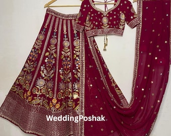 Dark Pink Georgette Lehenga Choli: Indian Wedding Sequin Embroidery