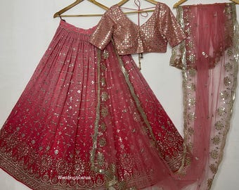 Pfirsich & Rosa Lehenga Choli: Indische Hochzeitskleidung, Georgette-Stickerei