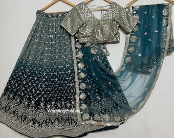 Blue Georgette Lehenga Choli: Indian Wedding Outfit with Embroidery & Sequin