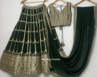 Green Georgette Lehenga Choli: Sequins & Thread Embroidery, Indian Wedding Wear
