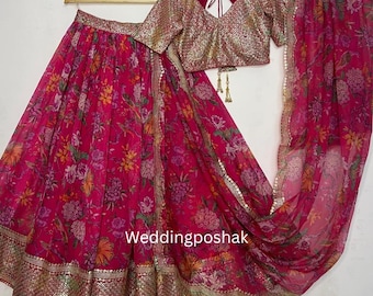 Pink Floral Lehenga Choli: Zari Embroidered Indian Wedding Outfit