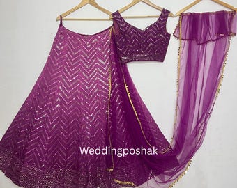 Lila Georgette Lehenga Choli : Zari Stickerei Indisches Hochzeitskleid