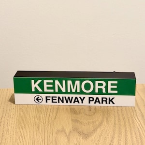 Puede incluir: Un letrero rectangular con el texto "KENMORE" en letras mayúsculas blancas sobre "FENWAY PARK" con una flecha. La parte superior es verde oscuro, el medio es blanco y la parte inferior es verde. El letrero está sobre una superficie de madera.