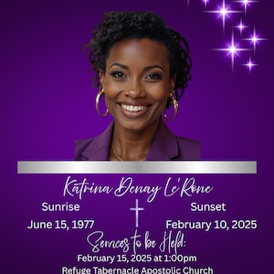 A Beautiful Purple Funeral Announcement, Funeral Invitation, In Loving Memory, Digital Funeral Announcement, Obituary Celebration of Life