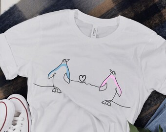 Penguin Couple Heart T-shirt | Love Shirt | One Line Drawing Penguin Tee | Cute Couple Tshirt