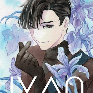 Peut inclure: Illustration à l'aquarelle d'une personne aux cheveux foncés et aux yeux rouges, entourée d'iris violets. L'image présente le texte "IVAN THE KING" en blanc, sur fond bleu.