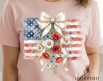 Watercolor Patriotic Bow Floral PNG, Coquette Poppy American Flag Shirt Design (Digital Download)