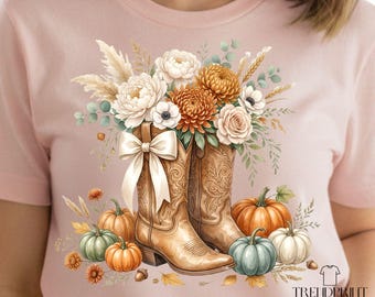 Fall Cowboy Boots PNG, Boho Western Floral Pumpkin Sublimation, Coquette Bow Autumn Shirt Design, Country Fall PNG, Western Halloween