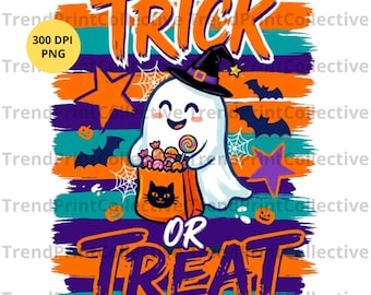 Striped Brushstroke Halloween Trick Or Treat PNG, Cute Ghost Halloween png, Kawaii Witch Hat Ghost Design,  Spooky Sweet Ghost Shirt PNG