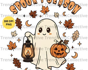 Spooky Season PNG, Cute Ghost Pumpkin Halloween Sublimation, Fall October Ghost Lantern Shirt Design, Kawaii Halloween PNG Instant Download
