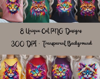Watercolor Cat Clipart, Colorful Splash, T-Shirt Sublimation (PNG Bundle)
