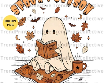 Spooky Season PNG, Ghost Reading Book Halloween Sublimation, Fall Bookish Ghost Shirt Design, Cozy Halloween PNG, Book Lover Ghost PNG