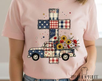 Patriotic Faux Patchwork Cross Truck PNG, Sunflowers (Digital Download)