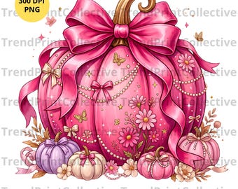 Coquette Pink Pumpkin PNG Sublimation Design, Bow Floral Fall Halloween Shirt Digital Download, Cute Autumn Tee PNG